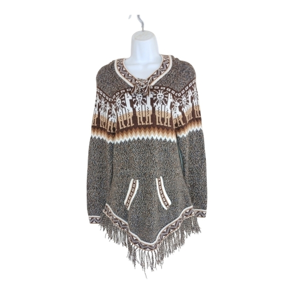 Artesania EDM Alpaca Wool Hooded Sweater Brown White S M - Picture 2 of 3